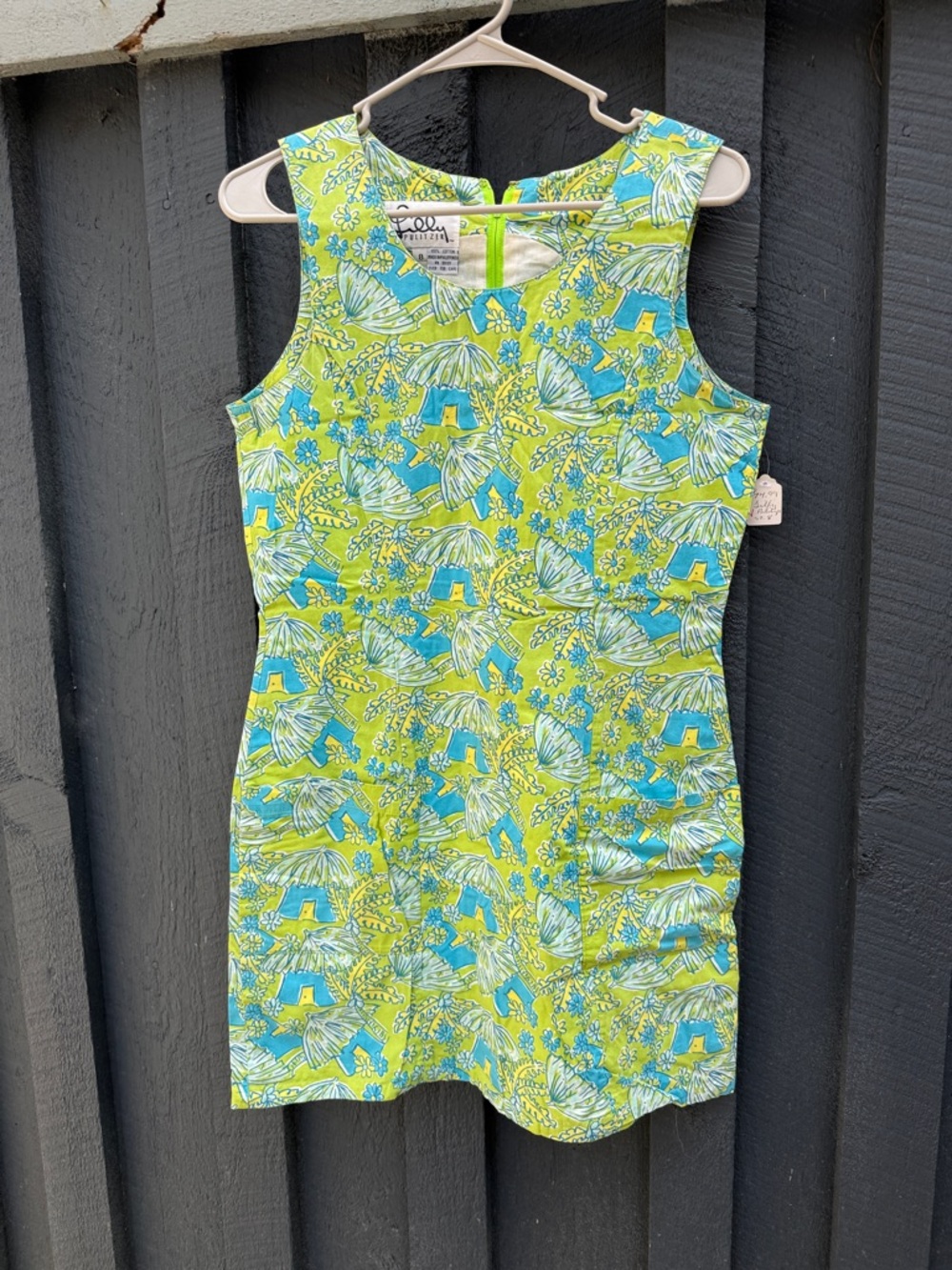 Vintage Lilly Pulitzer Sleeveless Tropical Print Shift Dress in Lime + Aqua sz 8